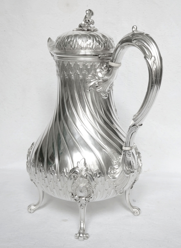 Sterling silver Rococo style coffee pot, coat of arms engraved, silversmith Tetard