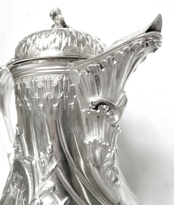 Sterling silver Rococo style coffee pot, coat of arms engraved, silversmith Tetard