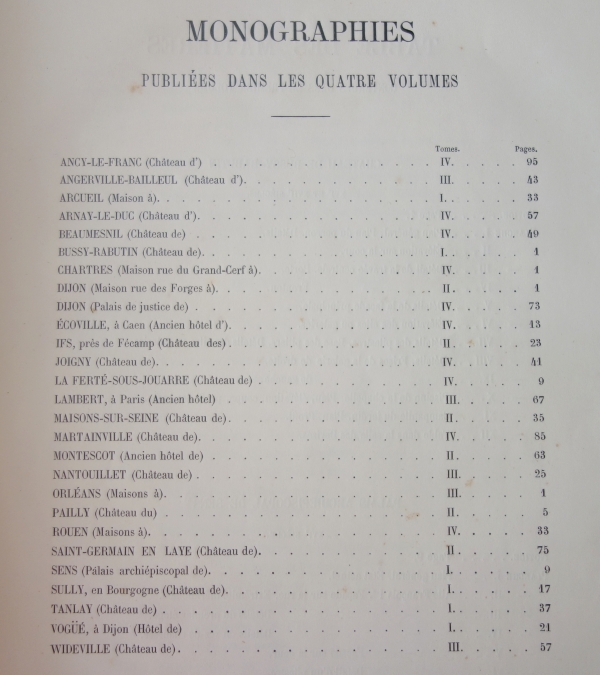 Claude Sauvageot : Palais, châteaux, hôtels et maisons de France du XVe au XVIIIe siècle, 4 tomes in-folio
