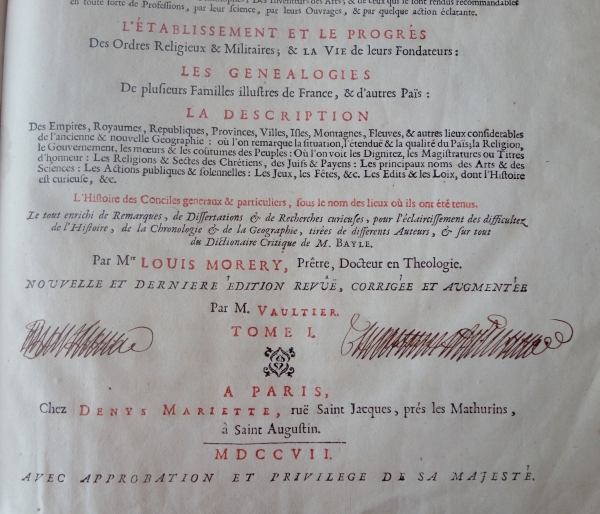 Dictionnaire historique Moreri 4 volumes in-folio édition de 1707 - époque Louis XIV