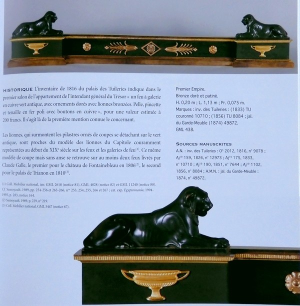 Barre de cheminée aux lionnes en bronze doré d'époque Empire par Claude Galle