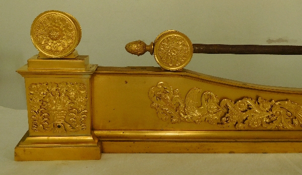 Empire ormolu mantel bar / andirons, mercury gilt bronze - France, early 19th century