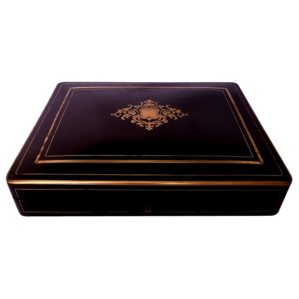 Tahan fournisseur de l'Empereur : coffret / boîte à jeux en bois noirci, marqueterie Boulle