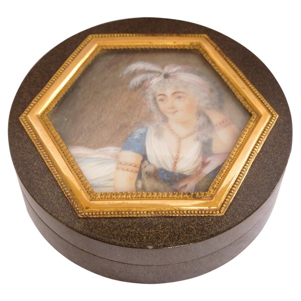 Late 18th century aventurine box, miniature painting on ivory, tortoiseshell