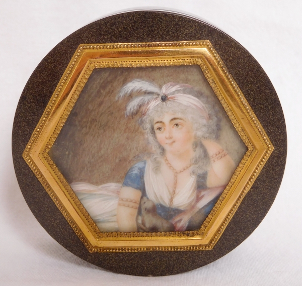 Late 18th century aventurine box, miniature painting on ivory, tortoiseshell