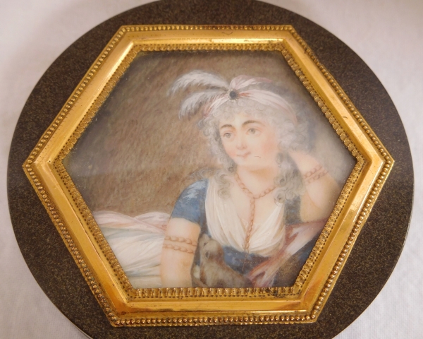 Late 18th century aventurine box, miniature painting on ivory, tortoiseshell