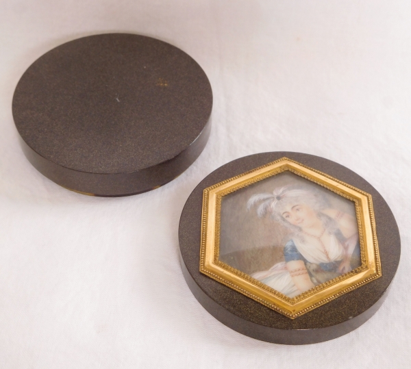 Late 18th century aventurine box, miniature painting on ivory, tortoiseshell