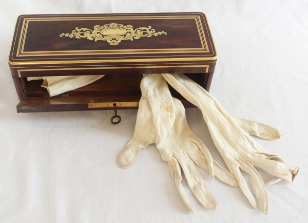 19th century amaranth marquetry & brass gloves box, Napoleon III period
