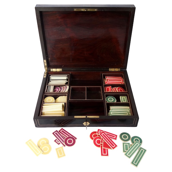 Napoleon III blackened wood, rosewood gambling box and coloured chips, Boulle marquetry 
