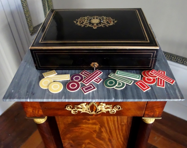 Napoleon III blackened wood, rosewood gambling box and coloured chips, Boulle marquetry