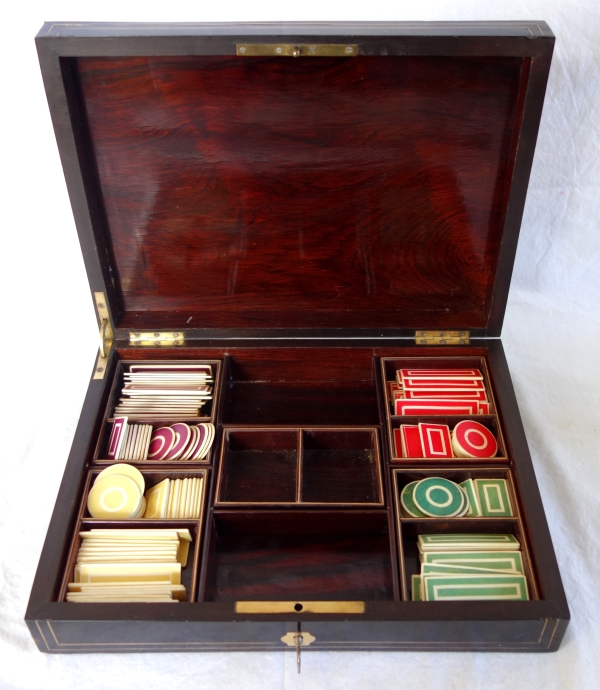 Napoleon III blackened wood, rosewood gambling box and coloured chips, Boulle marquetry