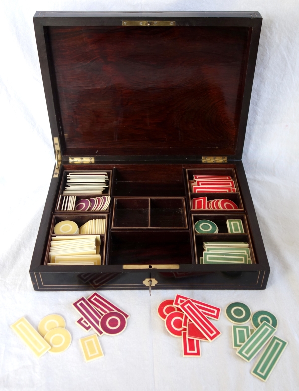Napoleon III blackened wood, rosewood gambling box and coloured chips, Boulle marquetry