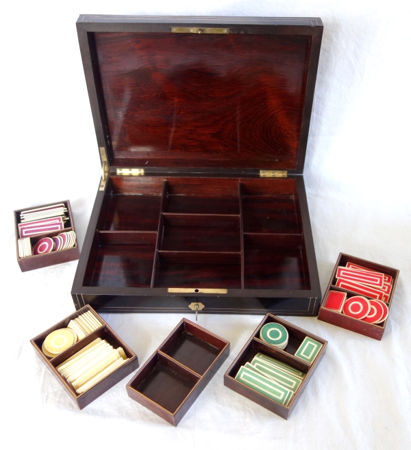 Napoleon III blackened wood, rosewood gambling box and coloured chips, Boulle marquetry
