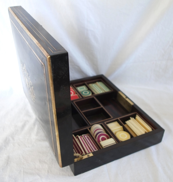 Napoleon III blackened wood, rosewood gambling box and coloured chips, Boulle marquetry 