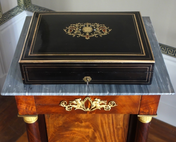Napoleon III blackened wood, rosewood gambling box and coloured chips, Boulle marquetry