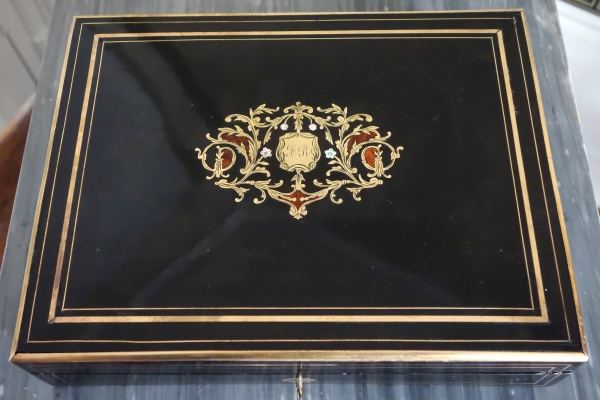 Napoleon III blackened wood, rosewood gambling box and coloured chips, Boulle marquetry