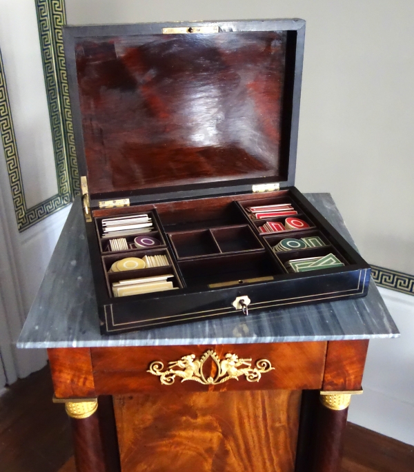 Napoleon III blackened wood, rosewood gambling box and coloured chips, Boulle marquetry