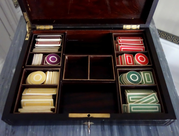 Napoleon III blackened wood, rosewood gambling box and coloured chips, Boulle marquetry