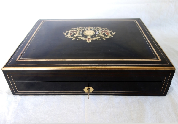 Napoleon III blackened wood, rosewood gambling box and coloured chips, Boulle marquetry