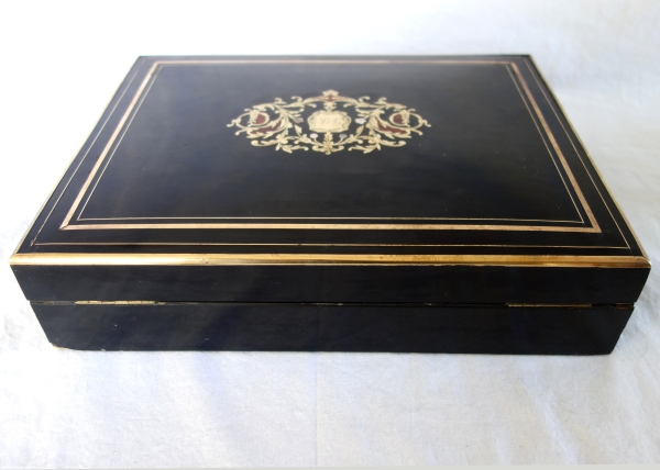 Napoleon III blackened wood, rosewood gambling box and coloured chips, Boulle marquetry