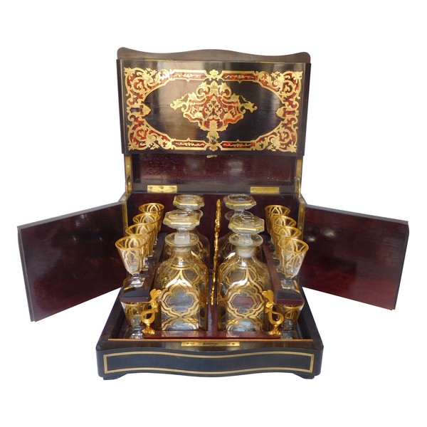 Boulle marquetry liquor cellar, 4 bottles and 16 glasses, Napoleon III period - mid-19th century