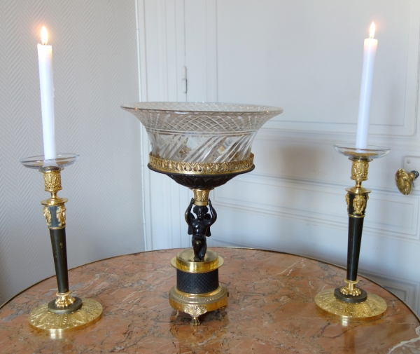 Surtout / centre de table en bronze doré et patiné et cristal du Creusot - époque Restauration style Empire