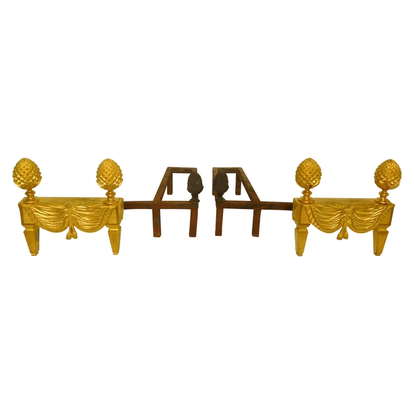 Pair of Louis XVI style ormolu andirons, mid 19th century