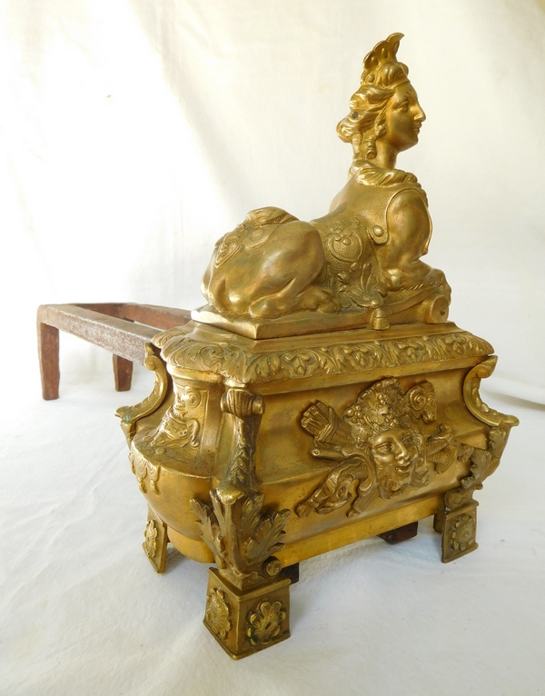 Pair of ormolu Regency style andirons, sphinge decoration, 19th century