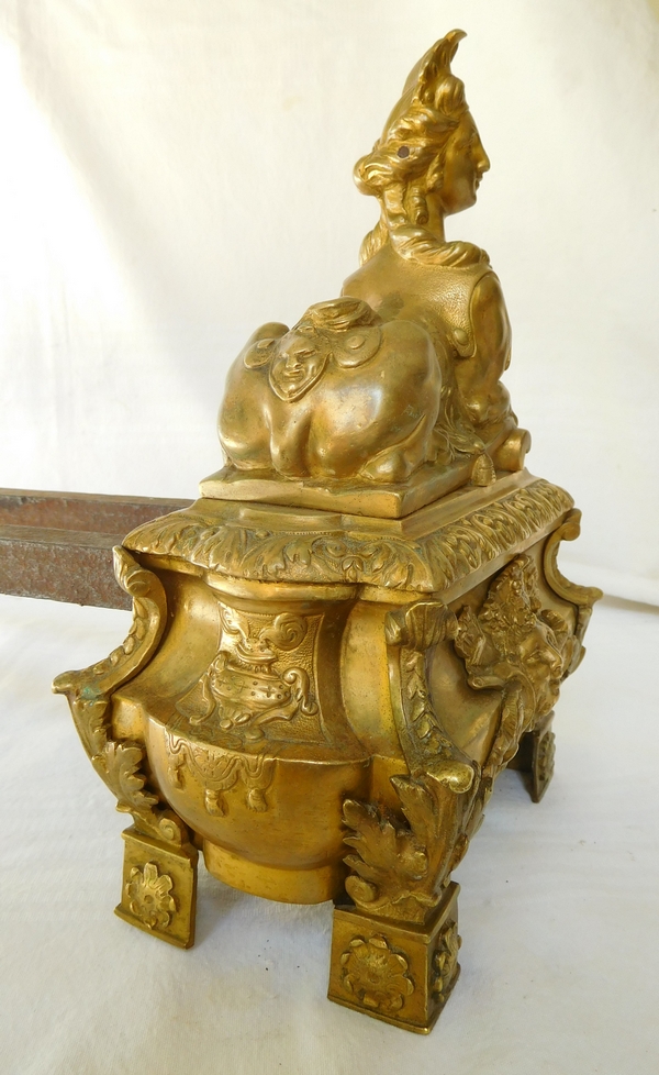 Pair of ormolu Regency style andirons, sphinge decoration, 19th century