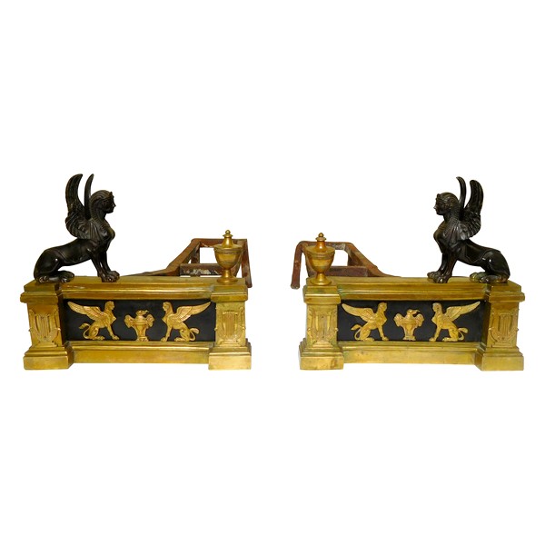 Pair of Empire ormolu & patinated bronze andirons - Imperial inventory numbers