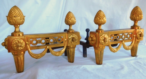 Pair of large gilt bronze andirons - Elysee model - Louis XVI style