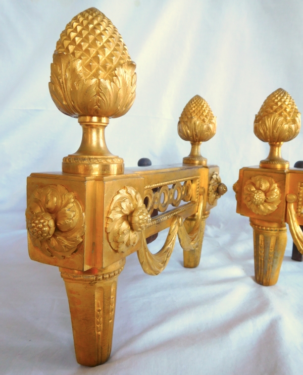 Pair of large gilt bronze andirons - Elysee model - Louis XVI style