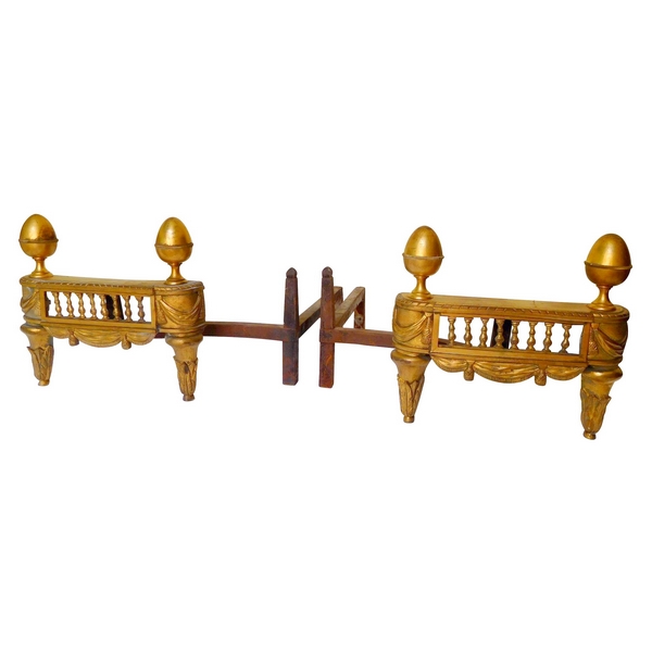 Pair of Louis XVI style ormolu andirons, mid 19th century