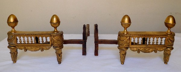 Pair of Louis XVI style ormolu andirons, mid 19th century