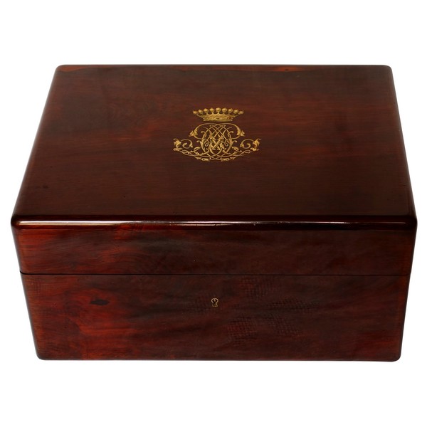 Large amaranth jewelry box, crown of Count inlaid, 19th century - signed Peret