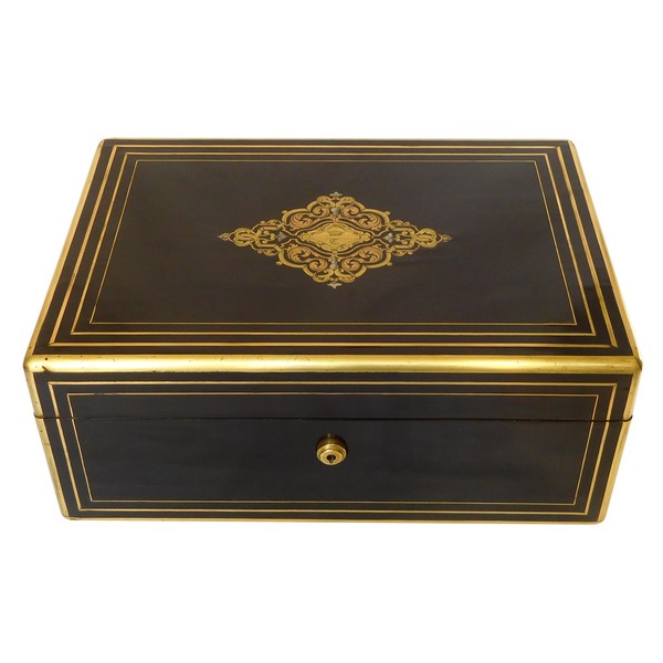 Grand coffret, boîte, cassette à bijoux à couronne de Comte, marqueterie Boulle sur bois noirci