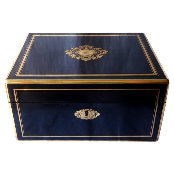 Grand coffret / cassette à bijoux d'époque Napoléon III en bois noirci à couronne de Comte