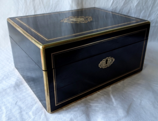 Grand coffret / cassette à bijoux d'époque Napoléon III en bois noirci à couronne de Comte