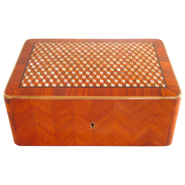 Rosewood and mother of pearl marquetry jewelry box, 19th century