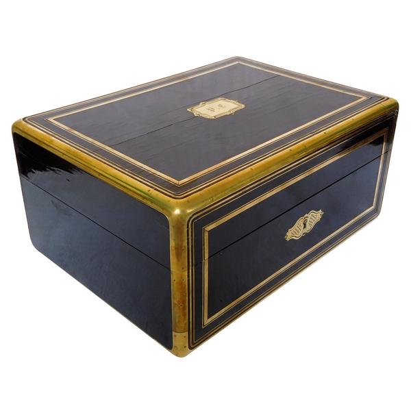 Ebony & brass veneered jewelry box, signed Jensen in Paris, France circa 1840