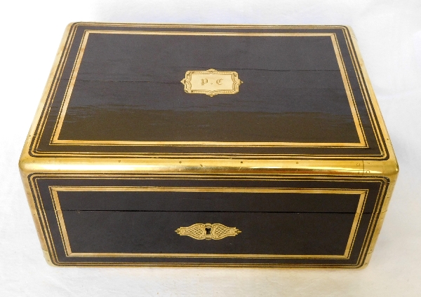 Ebony & brass veneered jewelry box, signed Jensen in Paris, France circa 1840