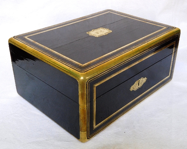 Ebony & brass veneered jewelry box, signed Jensen in Paris, France circa 1840