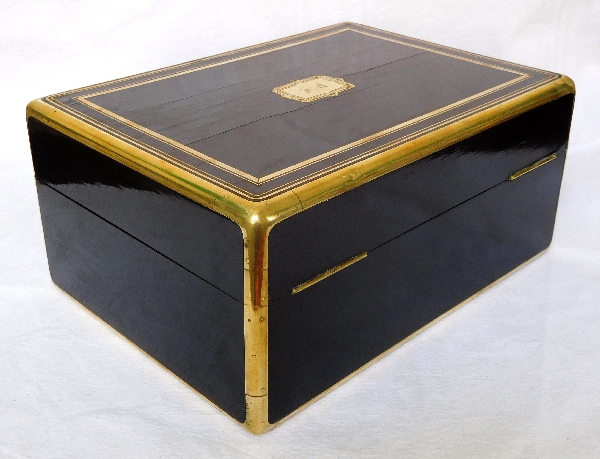 Ebony & brass veneered jewelry box, signed Jensen in Paris, France circa 1840