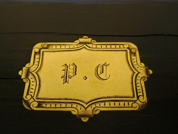 Ebony & brass veneered jewelry box, signed Jensen in Paris, France circa 1840