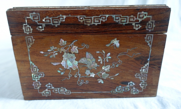 Indo-Chinese rosewood box, mother of pearl marquetry - late 19th century