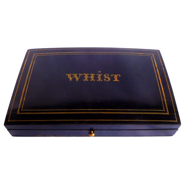 Whist game card box, blackened wood and brass