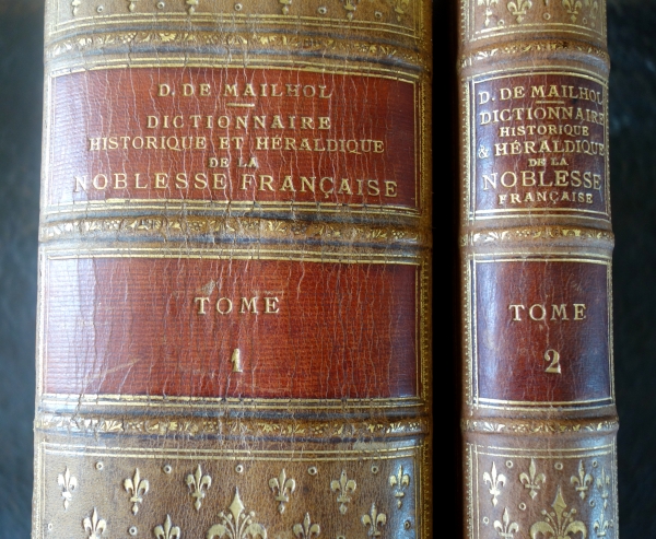 Noblesse Française - Dictionnaire Historique & Héraldique par Dayre de Mailhol, livre plein cuir doré petits fers