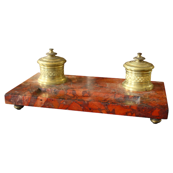 Empire style ormolu and red marble inkwell, Napoleon III production, 19th century