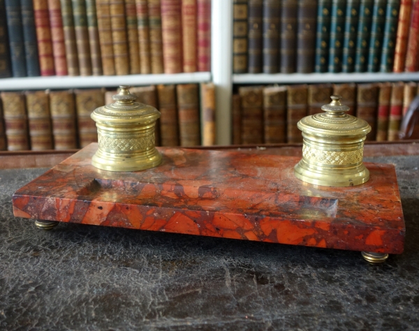 Empire style ormolu and red marble inkwell, Napoleon III production, 19th century