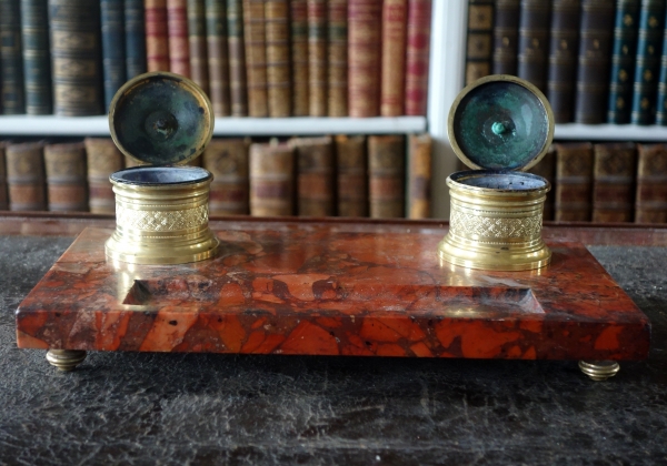 Empire style ormolu and red marble inkwell, Napoleon III production, 19th century